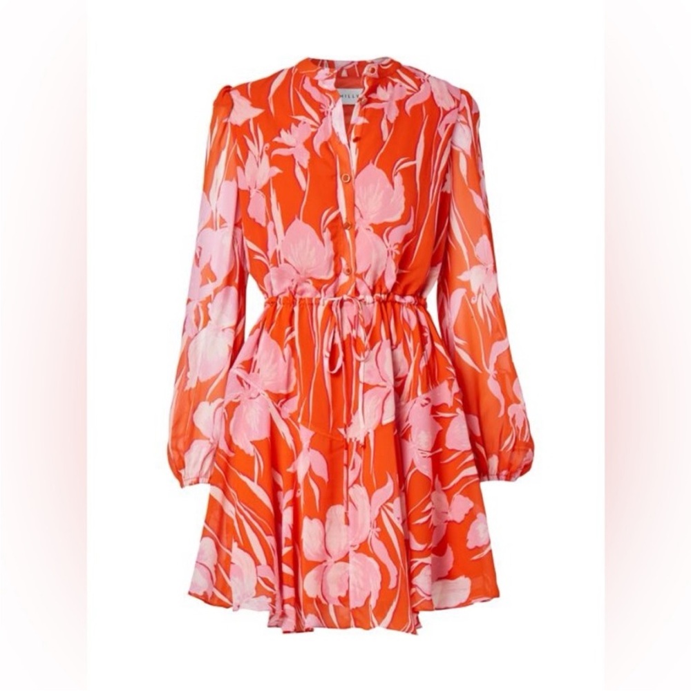 MILLY Reina Parrot Tulip Dress – Coral Multi / Red & Pink Floral Print - Picture 2 of 11